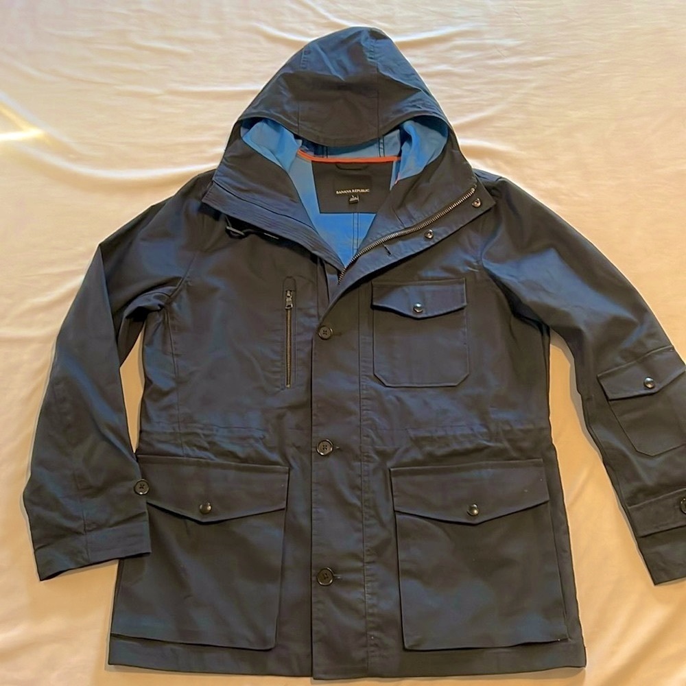 Men’s Banana Republic Navy Blue Cotton Hooded Jacket Coat Parka Size Large